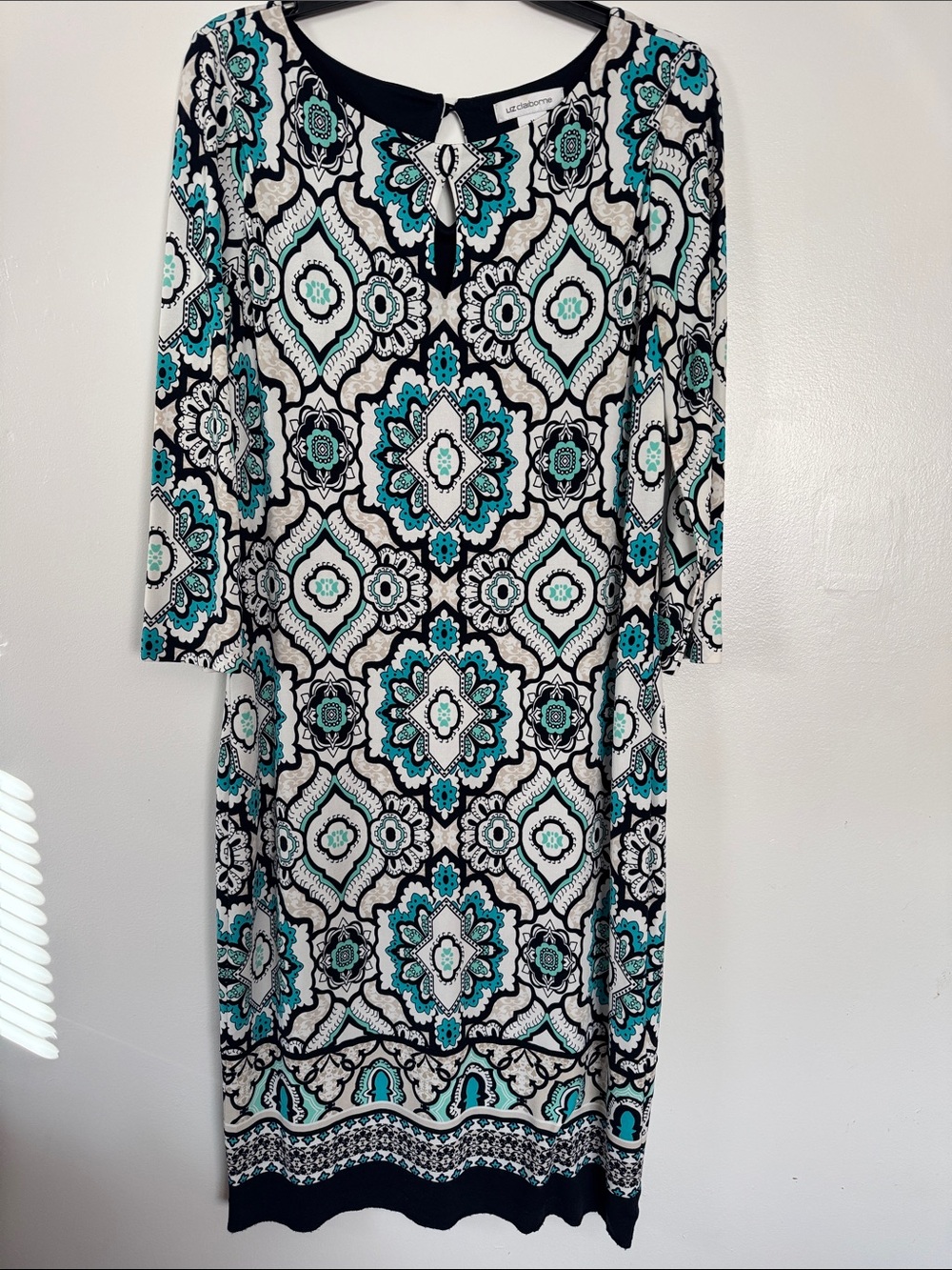 Liz Claiborne Turquoise, Black and White Long Sleeve Printed Dress 120